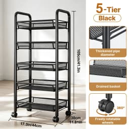 3/4/5Tier Mesh Wire Rolling Cart, Kitchen Storage Organizer Utility Cart Full Metal Basket Storage Art Trolley Carts With Wheels