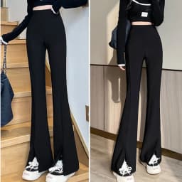 Black Front Split Flares Pants Women Fashion High Waist Elastic Slim Fit Wide Leg Pants Woman 2025 Y2K Simple Popular Trousers