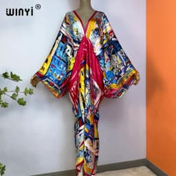 2023 WINYI Sexy Beach High-Quality Silk Feel Fashion Print Maxi Women's Robes Long V-Neck Bohemian Dress Party Evening Dress