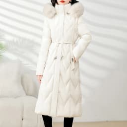 Winter Long Slim Fit down Cotton Jacket Women's Knee-Length Removable Sleeve Fur Collar Warm Thickened Zipper Closure Coat