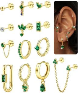 13Pcs Hypoallergenic Stud Earrings Hoop Earrings Set for Women 14K Gold-plated Flat Back Cartilage Earring for Multiple Piercing