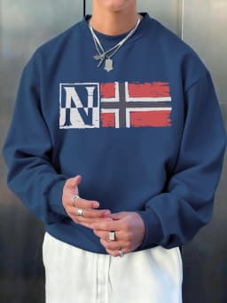 N Artistic Characters And Flag Print Pullover Men Autumn Loose Hoody Casual Fleece Soft Sweatshirt All-Match O-Neck Long Sleeve