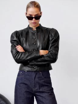 Fashion Solid Faux Leather Women's Jacket Stand Collar Button Short Loose Puff Long Sleeves Coat Chic 2026 Autumn New Daily Wear