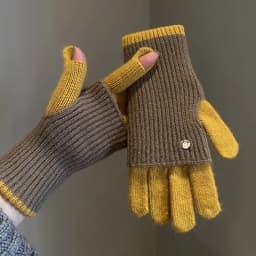Winter Women's Exposed Finger Touch Screen Warm Long Short Dual-Use Cycling Student Color Blocked Knitted Yarn Gloves