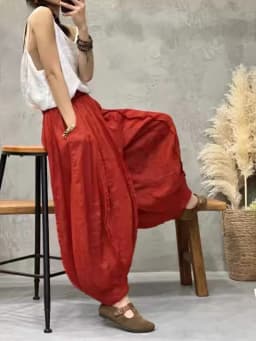 Retro Patchwork Hemp Lantern Pants Women's Summer plus Size Slimming Pumpkin Cotton Linen Multi-Panel Frayed Wide Leg Pants