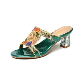 Summer New Comfort Non-slip High Heel Genuine Leather Crystal Inlaid Diamond Women's Beach Fashion Versatile Bohemian Shoes