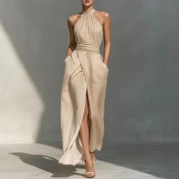 Chic Solid Front Split Boho Long Dress Woman Spring Sexy Off Shoulder Halter Party Dress Summer Sleeveless High Waist Maxi Dress