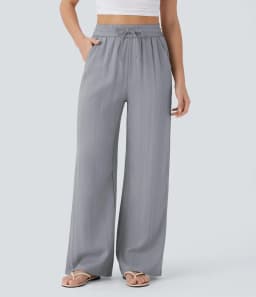 Pant women 2026 casual high-waisted drawstring side pocket casual linen pants flowing wide-leg beach pants elastic tightness