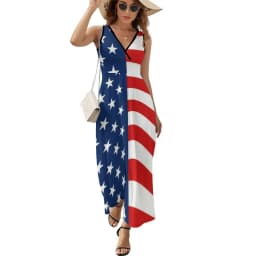 American Flag Dress Patriotic Flag Star Design Boho Beach Long Dresses V Neck Print Maxi Dress Korean Fashion Clothes Oversize