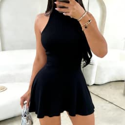 Brown Sleeveless Mini Dress Women's Mock Neck Sundress Flared Stretchy Ribbed Knit A-Line Casual Summer Party Vacation Dress