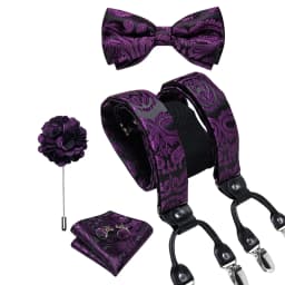 Luxury White Men's Suspenders Adjustable 6 Clips Braces DiBanGu Leather Metal Pre-Tied Bow Tie Brooch Pocket Square Set