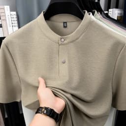 2026 New Men's Single Button Henley Neck Tee Comfortable Textured Fabric Short Sleeve For Casual And Business