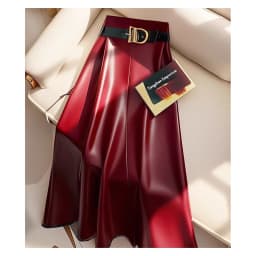 High end goddess style high-end red PU skirt for women 2024 new Leather midi skirt, mid length umbrella skirt