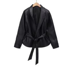 ETJ Women's PU Leather Vintage Wrap Jacket Belted High Neck Short Coat 2026 Spring Minimalist Retro Urban Fashion Outerwear
