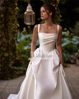 Smileven Spaghetti Strap Satin Wedding Dress A Line Bride Gown Boat Neck Princess Vestido De Novia Wedding Gowns Customized