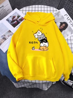 Cute Stacked Cats Sleeping Don'T See The Mouse Women Hoodies Fashion Loose Pullover Casual Fleece Hoody Trend Soft Female Sweat