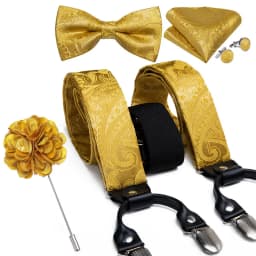 Luxury White Men's Suspenders Adjustable 6 Clips Braces DiBanGu Leather Metal Pre-Tied Bow Tie Brooch Pocket Square Set