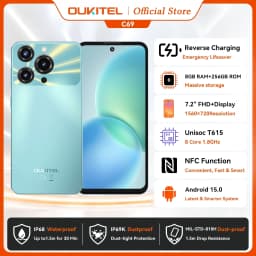 OUKITEL C69 Smartphone 6000mAh, 7.2” HD+ Large Screen 24GB(8+16)+256GB, 64MP Main Camera NFC Cellphone Android 15,120Hz,Dual 4G