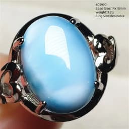 Natural Blue Larimar Adjustable Ring 925 Sterling Silver Larimar Gemstone Women Men Water Pattern AAAAA