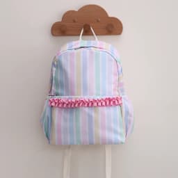 Rainbow Striped Backpack Light Colored Schoolbag With Adjustable Shoulder Straps And Pink Pleated Lace Design Fashion