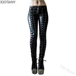 2024 Steampunk Rivet Lace-up Pencil Pants Skinny Trousers Women Retro Pu Pants Leather Pants Streetwear Autumn Casual Trousers