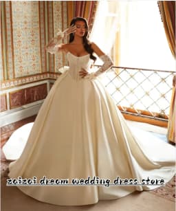 Customized Exquisite Scoop Neck Long Sleeve Ball Gown Wedding Dress Luxury Pearls Beading Satin Court Train Princess Bridal Gown