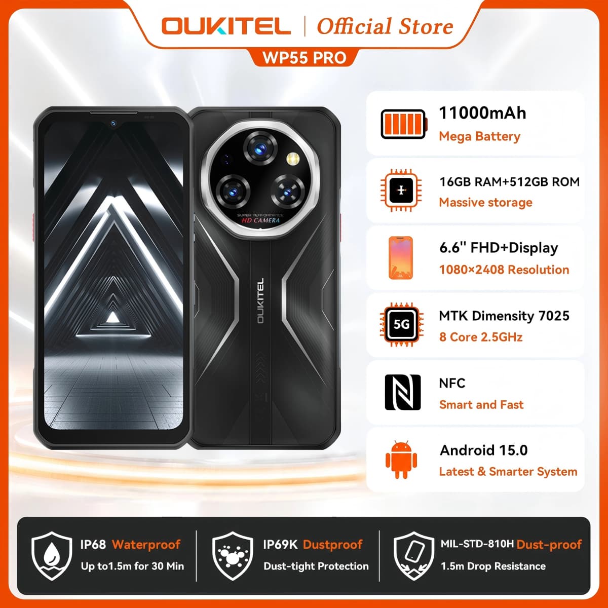 OUKITEL WP55 Pro Rugged Phone 11000mAh Battery 128dB Loudspeaker Android IP68 IP69K Waterproof 48GB RAM 512GB ROM Camping Light