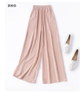 Tcyeek 100% Natural Silk Pants Women Summer Clothes Casual Elastic Waist Wide Leg Pants Solid Color Woman Trousers Streetwear