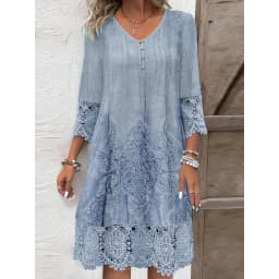 Fashion Summer Dresses 2026 Summer New 3D Pattern Lace Splicing Hollowed Out Midi Dress Casual Short Sleeve Dresses Lady Vestido
