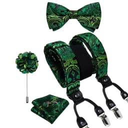 Luxury White Men's Suspenders Adjustable 6 Clips Braces DiBanGu Leather Metal Pre-Tied Bow Tie Brooch Pocket Square Set