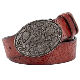 Tang Grass Pattern Embossed Leather Belt Fashion for Men Youth