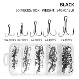 ShareShark 50pcs/box Fishing Treble Hooks Kit High Carbon Steel Hooks Strong Sharp Round Bend with Split Rings for Lures Baits