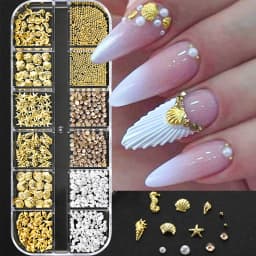 12Grids Ocean Gold Nail Art Charms Shell/Seahorse/Starfish White Half Round Pearl Gems 3D Mixed Punk Manicure Metal Rivets Studs