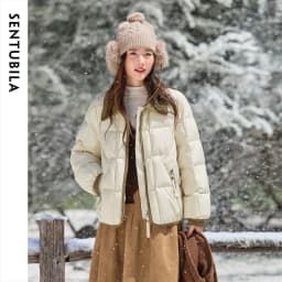 SENTUBILA 90% White Duck Down Jacket Women's 2026 Color Contrast Lapel Zip Pocket Coat Winter Loose Warm Outerwear W64YC7611