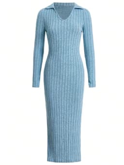 Spring and summer 2024 new style knitted slim lapel long sleeve dress pit strip solid color tight skirt