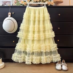 Women's Ruffle Trim Mesh Tutu Skirt, Tiered Layered A-Line Flared Skirt, High Waist Soft Tulle Puffy Skirt, Spring Summer