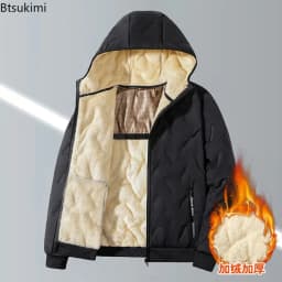 Men Winter Hooded Padded Jacket Waterproof Windproof Quilted Fleece Lined Thick Warm Full Zipper Casual Snow Outerwear for Male