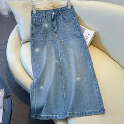 Korean Design Sensation Rhinestone Denim Mid-Length A-Line Skirt Women's Spring 2026 Slimming Skirts Fashionable Jeans Skirts