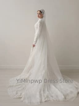 Modest Lace Wedding Dresses with High Collar Long Sleeve A-Line Sweep Train Bride Dress Bridal Gown vestidos de novia Customized