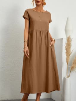 Vintage Solid Midi Dress Casual Short Sleeve Cotton and Linen Harajuku Oversized Long Dress Women Summer Y2K Maxi Sundress 2023