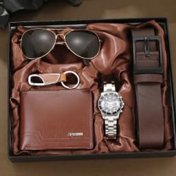 2026 New 5pcs Watch Set for Men in Gift Box Belt Wallet Hair Trimmer Keychain Sunglasses Men’s Watch Gift Box Set Gifts for Him