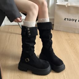 Retro Ruched Leather Long Boots for 2026 Winter, Fashionable and Versatile Style Round Head Platform Thick-soled Women's Boots