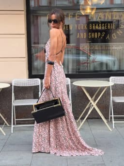 Pink Ditsy Floral Satin Maxi Dress Spaghetti Strap Deep V Neck Front Black Rose Detail Ruffle Hem Women Street Vacation Dress