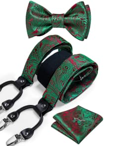 Adjustable Slive Paisley Suspender Self-tie Bowtie Pocket Square Cufflinks Set Luxury 6 Clips Mental Elastic Classic straps