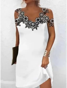 Customizable Casual Summer Women Fashion Solid Color V Neck Off Shoulder Elegant Lace Flower Sleeveless Pullover Party Dresses