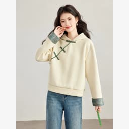 VIMLY New Chinese Style Hooded Sweatshirt Fall Winter Color Contrast Frog Button Fleece Lined Thickened Pullover Ladies A7683