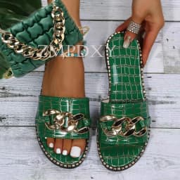 New Arrivals Designer Wholesale Summer Chain Women's Flat Slippers And Bag Set Beach Ladies Platform Sandals Matching Purse Set