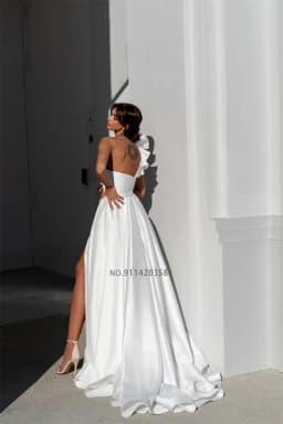 Customized New Arrival One Shoulder A-Line Stain Wedding Dress High Side Slit Long Floor Length Bridal Gown Custom Made