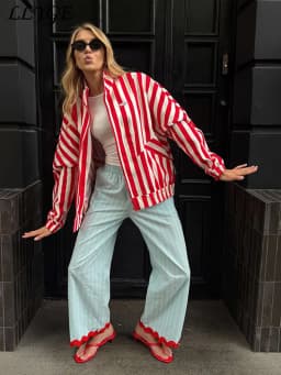Casual Contrast Striped Women's Pants Wave Cut Elastic Waist Female Wide Leg Trousers 2026 Autumn Lady Vintage Chic Pant