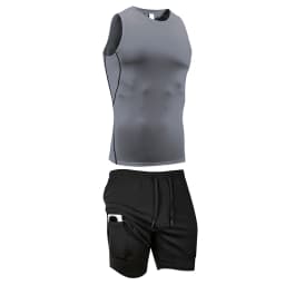 Men's Workout Running Athletic Clothing Set Sleeveless Compression Shirt Tank Top 2-in-1 Gym Shorts with Phone Pocket Towel Loop